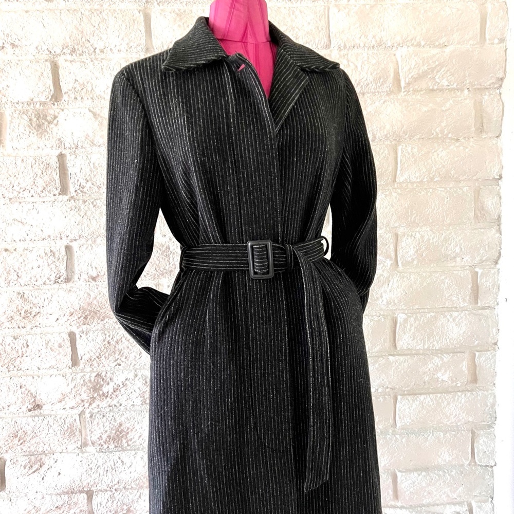 Classic Women's Black Pinstripe Belted Coat